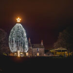 22 metre tall tree draped in strings of white lights illuminates Rudfarlington Farm house at night